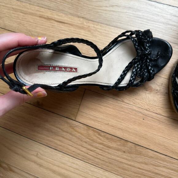 Prada Women's 35 US 5 Leather Braided Espadrilles Black Strappy Sandals Luxury - Picture 6 of 16